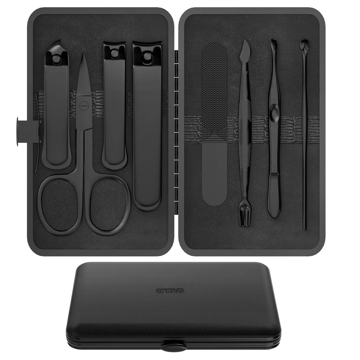 OFIDUS Präzisions-Herren-Nagelpflege-Reiseset 8-teilig, Edelstahl Maniküre-Set mit Finger- & Zehennagelknipser, Nagelfeile, Schrägpinzette, Nagelhautschere, Nagelhautschieber, Reiseetui