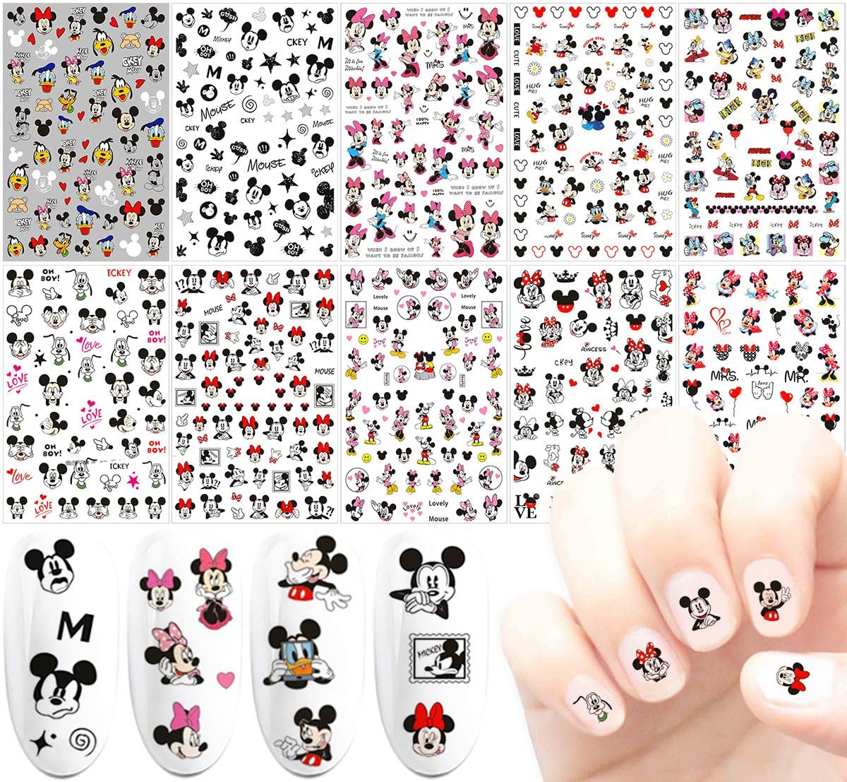 3D Nagelaufkleber - Süße selbstklebende Nail Art Decals für Frauen, 10 Stück, Cartoon Nageldesign