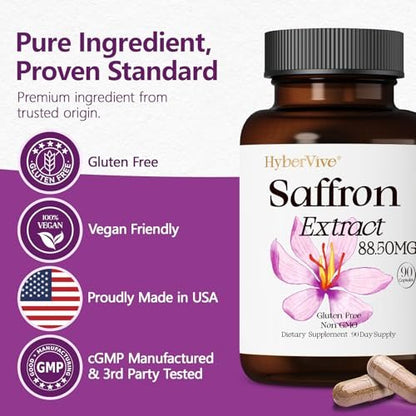 HyberVive Safran-Ergänzung 88,5 mg | 90 vegane Kapseln, Saffran-Extrakt für Stimmung, Energie, Augen- und Fokus-Unterstützung für Frauen und Männer, 100 % reine Inhaltsstoffe, hergestellt in den USA, Non-GMO & glutenfrei