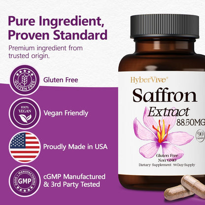 HyberVive Safran-Ergänzung 88,5 mg | 90 vegane Kapseln, Saffran-Extrakt für Stimmung, Energie, Augen- und Fokus-Unterstützung für Frauen und Männer, 100 % reine Inhaltsstoffe, hergestellt in den USA, Non-GMO & glutenfrei