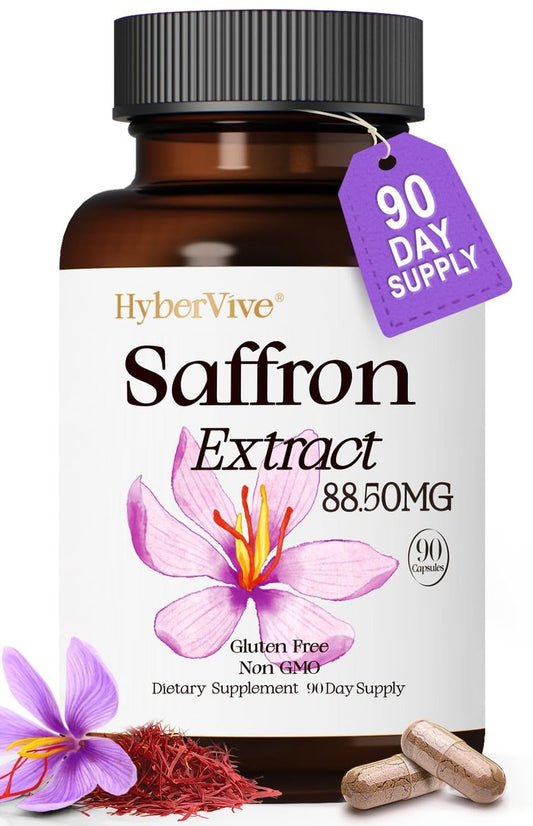 HyberVive Safran-Ergänzung 88,5 mg | 90 vegane Kapseln, Saffran-Extrakt für Stimmung, Energie, Augen- und Fokus-Unterstützung für Frauen und Männer, 100 % reine Inhaltsstoffe, hergestellt in den USA, Non-GMO & glutenfrei