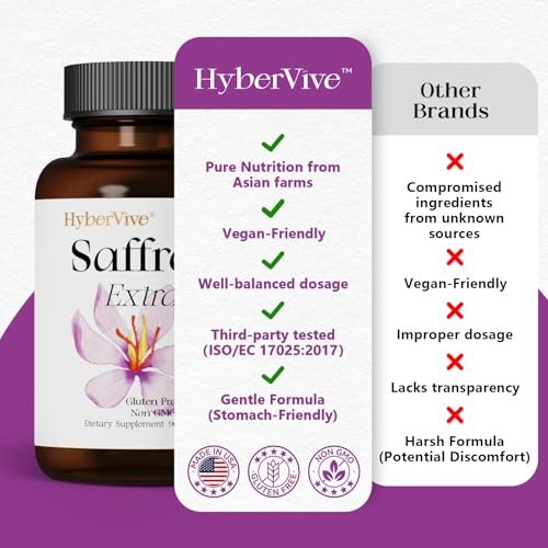 HyberVive Safran-Ergänzung 88,5 mg | 90 vegane Kapseln, Saffran-Extrakt für Stimmung, Energie, Augen- und Fokus-Unterstützung für Frauen und Männer, 100 % reine Inhaltsstoffe, hergestellt in den USA, Non-GMO & glutenfrei