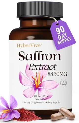 HyberVive Safran-Ergänzung 88,5 mg | 90 vegane Kapseln, Saffran-Extrakt für Stimmung, Energie, Augen- und Fokus-Unterstützung für Frauen und Männer, 100 % reine Inhaltsstoffe, hergestellt in den USA, Non-GMO & glutenfrei