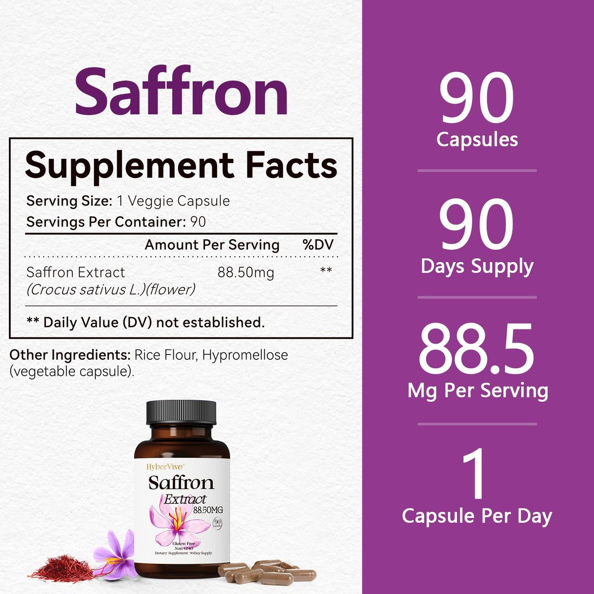 HyberVive Safran-Ergänzung 88,5 mg | 90 vegane Kapseln, Saffran-Extrakt für Stimmung, Energie, Augen- und Fokus-Unterstützung für Frauen und Männer, 100 % reine Inhaltsstoffe, hergestellt in den USA, Non-GMO & glutenfrei