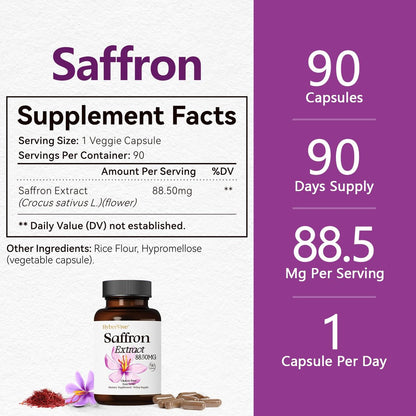 HyberVive Safran-Ergänzung 88,5 mg | 90 vegane Kapseln, Saffran-Extrakt für Stimmung, Energie, Augen- und Fokus-Unterstützung für Frauen und Männer, 100 % reine Inhaltsstoffe, hergestellt in den USA, Non-GMO & glutenfrei