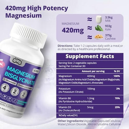 420 mg Magnesium Bisglycinat L-Threonat – Aminosäurechelat mit Vitaminen und Kalium – Hochabsorbierendes Magnesiumkomplex für Muskelentspannung, Knochen- & Gelenkunterstützung – 60 Kapseln