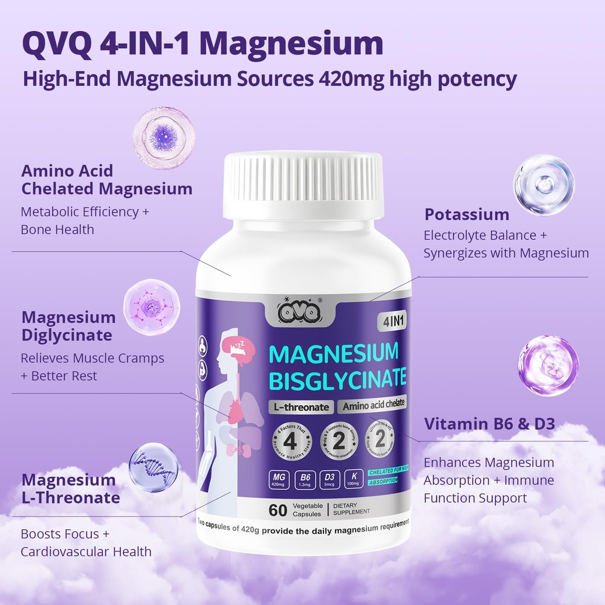 420 mg Magnesium Bisglycinat L-Threonat – Aminosäurechelat mit Vitaminen und Kalium – Hochabsorbierendes Magnesiumkomplex für Muskelentspannung, Knochen- & Gelenkunterstützung – 60 Kapseln