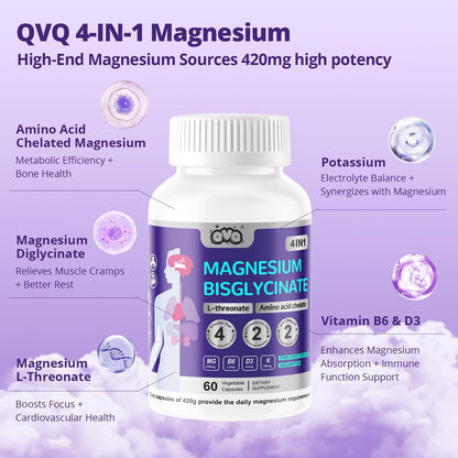 420 mg Magnesium Bisglycinat L-Threonat – Aminosäurechelat mit Vitaminen und Kalium – Hochabsorbierendes Magnesiumkomplex für Muskelentspannung, Knochen- & Gelenkunterstützung – 60 Kapseln