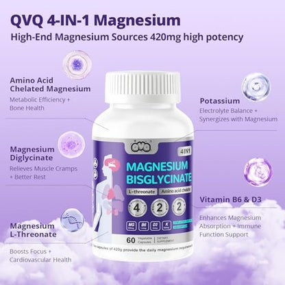 420 mg Magnesium Bisglycinat L-Threonat – Aminosäurechelat mit Vitaminen und Kalium – Hochabsorbierendes Magnesiumkomplex für Muskelentspannung, Knochen- & Gelenkunterstützung – 60 Kapseln