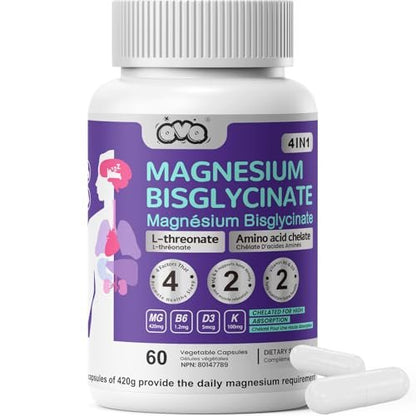 420 mg Magnesium Bisglycinat L-Threonat – Aminosäurechelat mit Vitaminen und Kalium – Hochabsorbierendes Magnesiumkomplex für Muskelentspannung, Knochen- & Gelenkunterstützung – 60 Kapseln