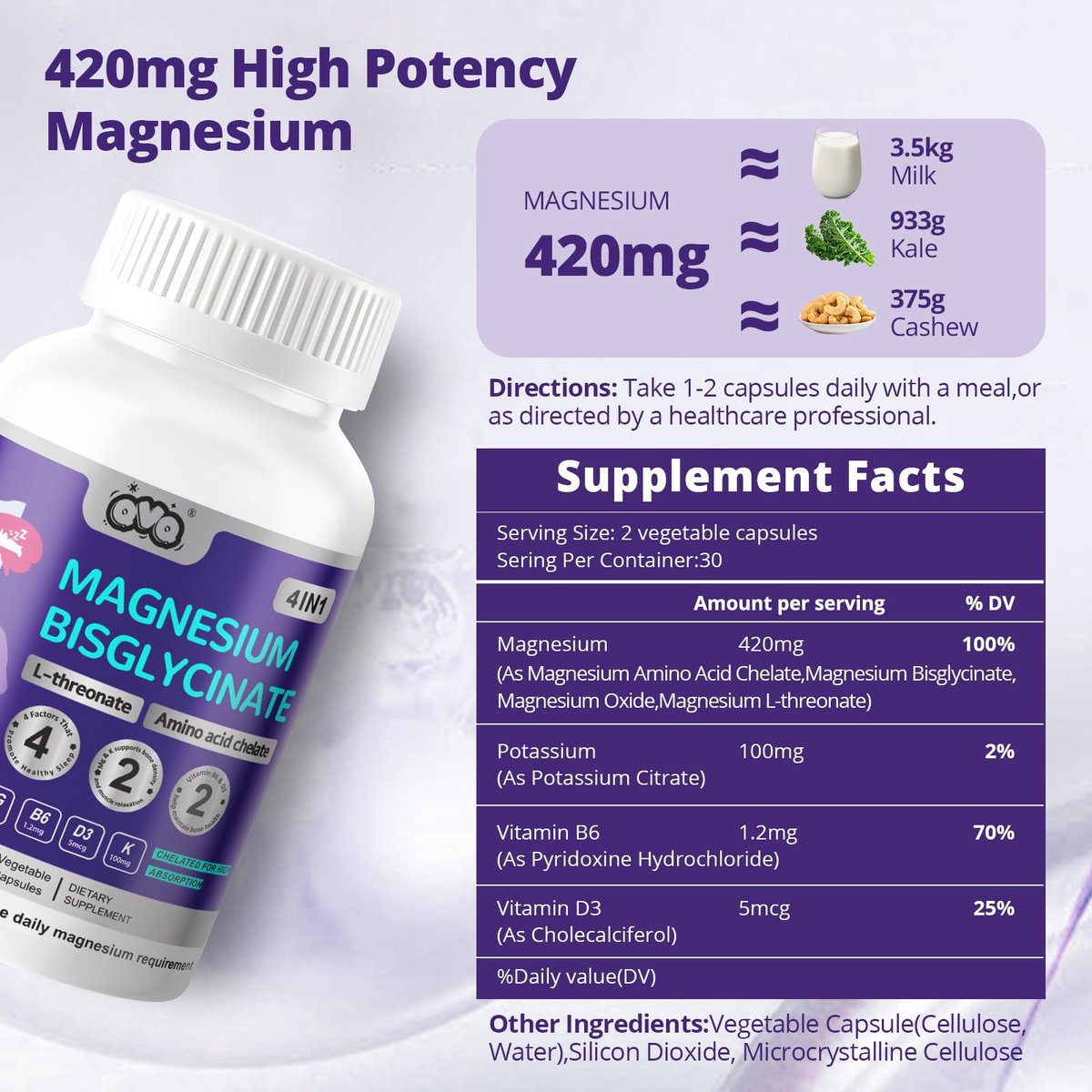 420 mg Magnesium Bisglycinat L-Threonat – Aminosäurechelat mit Vitaminen und Kalium – Hochabsorbierendes Magnesiumkomplex für Muskelentspannung, Knochen- & Gelenkunterstützung – 60 Kapseln