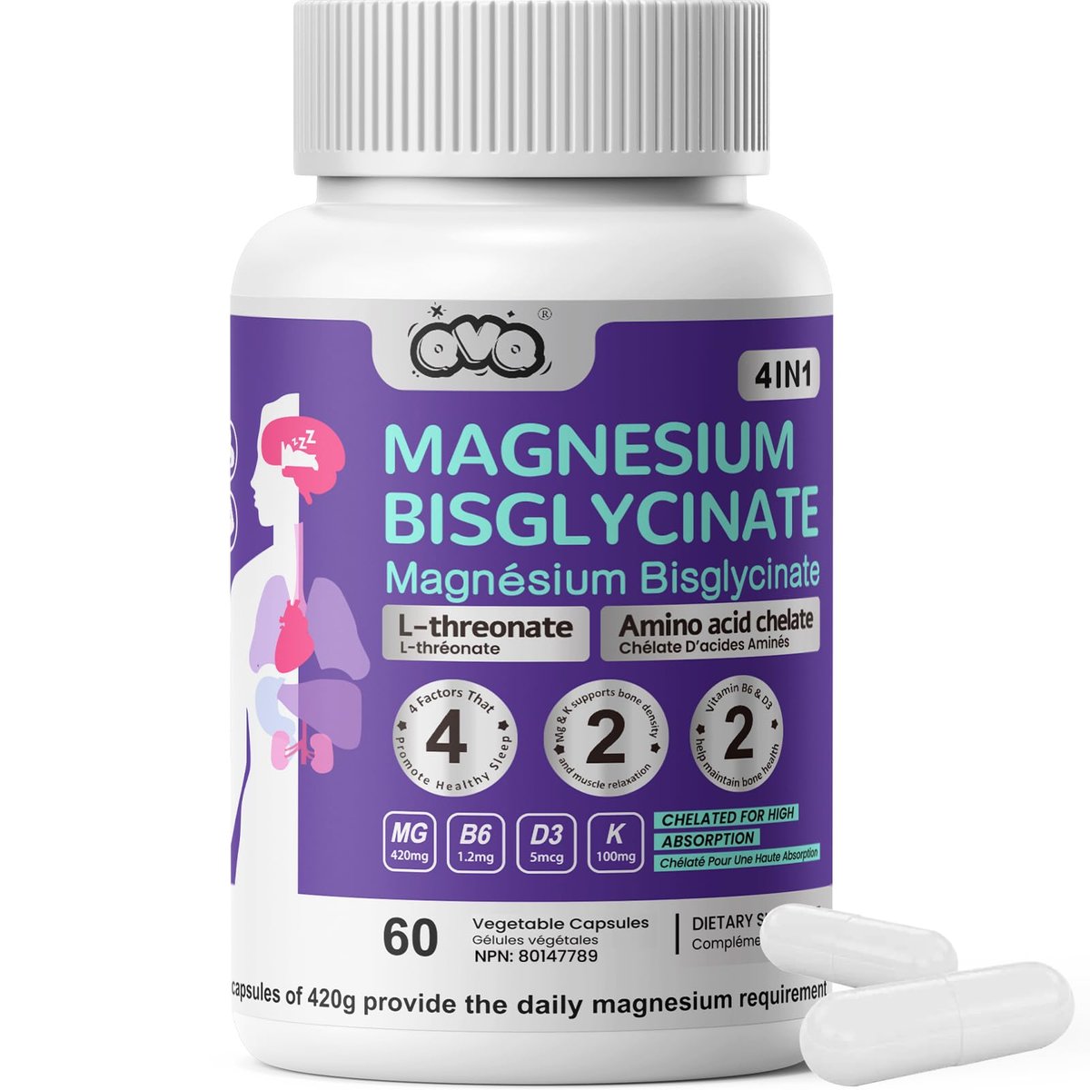 420 mg Magnesium Bisglycinat L-Threonat – Aminosäurechelat mit Vitaminen und Kalium – Hochabsorbierendes Magnesiumkomplex für Muskelentspannung, Knochen- & Gelenkunterstützung – 60 Kapseln