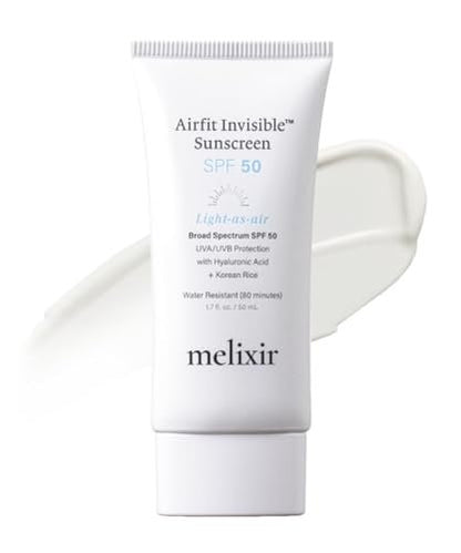 Melixir Airfit Invisible™ Sonnenschutz SPF 50, Koreanischer Reissonnenschutz für das Gesicht, mit Hyaluronsäure, feuchtigkeitsspendender täglicher Schutz für empfindliche Haut, kein weißer Schimmer, wasserfest (50 ml)