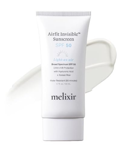 Melixir Airfit Invisible™ Sonnenschutz SPF 50, Koreanischer Reissonnenschutz für das Gesicht, mit Hyaluronsäure, feuchtigkeitsspendender täglicher Schutz für empfindliche Haut, kein weißer Schimmer, wasserfest (50 ml)