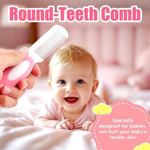 Baby Haarbürsten- und Kamm-Set, 4-teiliges Baby-Bürsten-Set mit weichen Borsten für Neugeborene und Kleinkinder (Pink)