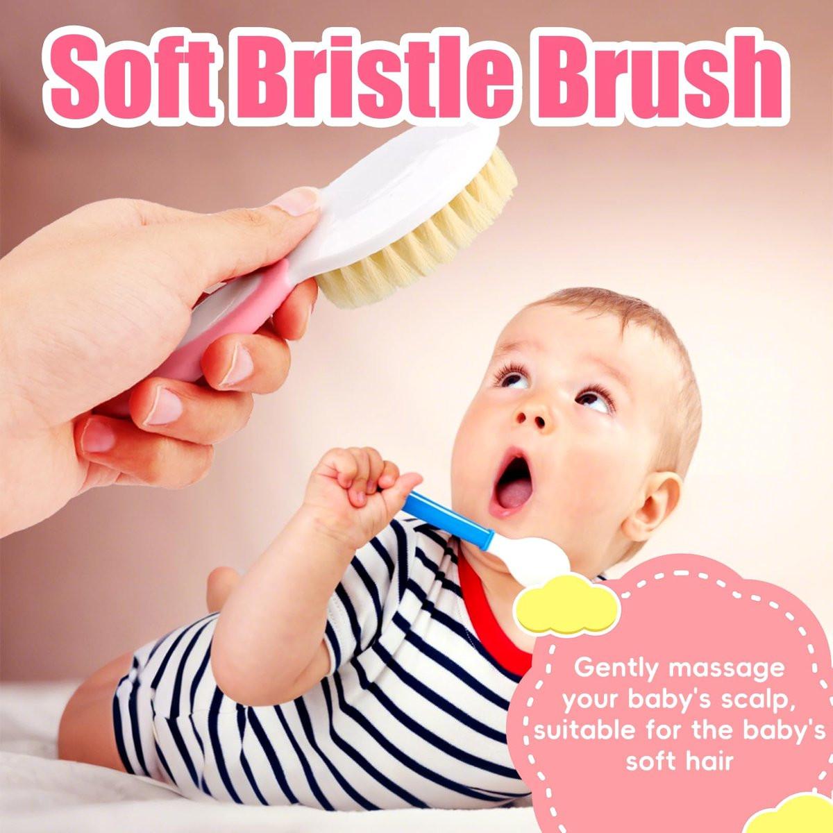 Baby Haarbürsten- und Kamm-Set, 4-teiliges Baby-Bürsten-Set mit weichen Borsten für Neugeborene und Kleinkinder (Pink)