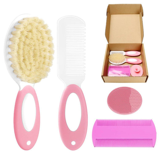 Baby Haarbürsten- und Kamm-Set, 4-teiliges Baby-Bürsten-Set mit weichen Borsten für Neugeborene und Kleinkinder (Pink)