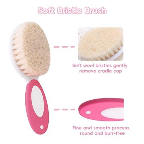 Baby Haarbürsten- und Kamm-Set, 4-teiliges Baby-Bürsten-Set mit weichen Borsten für Neugeborene und Kleinkinder (Pink)