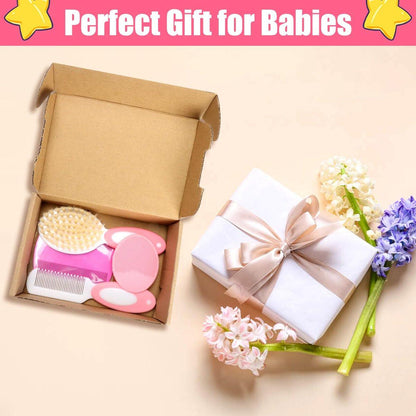 Baby Haarbürsten- und Kamm-Set, 4-teiliges Baby-Bürsten-Set mit weichen Borsten für Neugeborene und Kleinkinder (Pink)