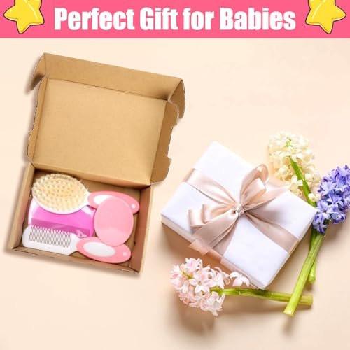 Baby Haarbürsten- und Kamm-Set, 4-teiliges Baby-Bürsten-Set mit weichen Borsten für Neugeborene und Kleinkinder (Pink)