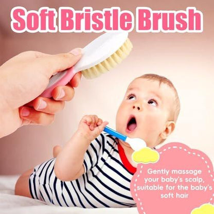Baby Haarbürsten- und Kamm-Set, 4-teiliges Baby-Bürsten-Set mit weichen Borsten für Neugeborene und Kleinkinder (Pink)