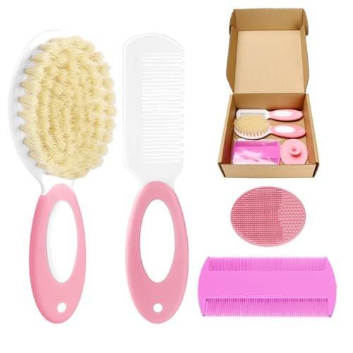Baby Haarbürsten- und Kamm-Set, 4-teiliges Baby-Bürsten-Set mit weichen Borsten für Neugeborene und Kleinkinder (Pink)