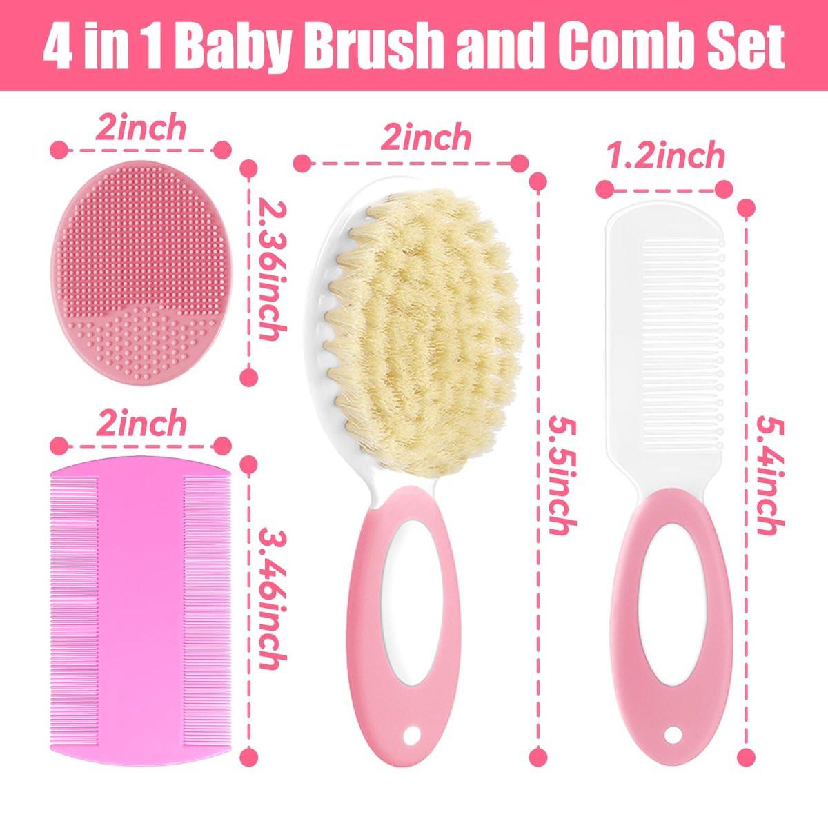Baby Haarbürsten- und Kamm-Set, 4-teiliges Baby-Bürsten-Set mit weichen Borsten für Neugeborene und Kleinkinder (Pink)