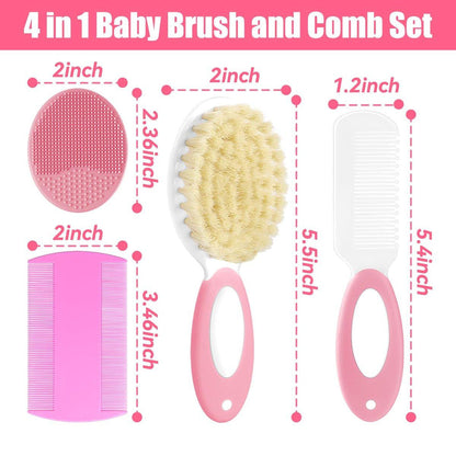 Baby Haarbürsten- und Kamm-Set, 4-teiliges Baby-Bürsten-Set mit weichen Borsten für Neugeborene und Kleinkinder (Pink)