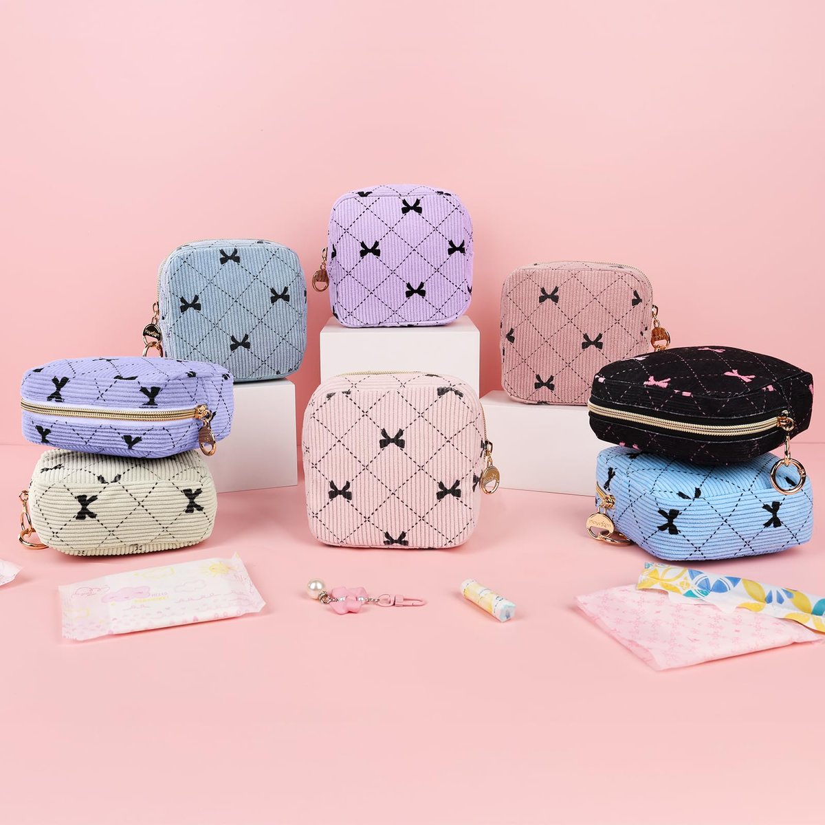 Playexen Period Bag für Mädchen – Kordbezogene Aufbewahrungstasche für Damenbinden, Menstruationszubehör (Beige, Schleife)