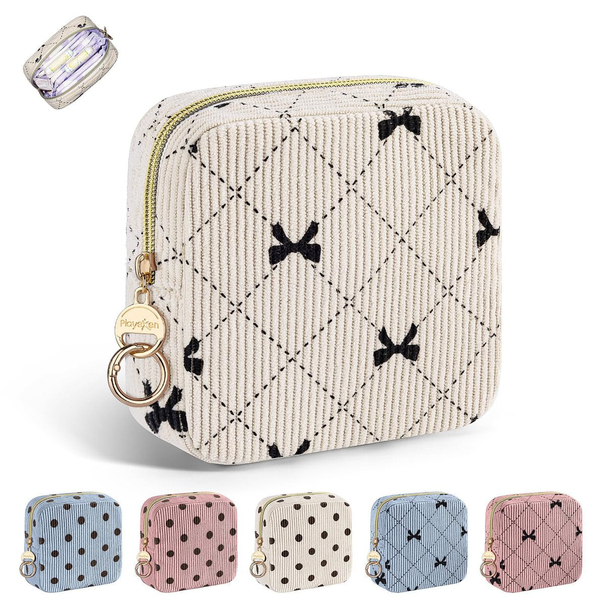 Playexen Period Bag für Mädchen – Kordbezogene Aufbewahrungstasche für Damenbinden, Menstruationszubehör (Beige, Schleife)
