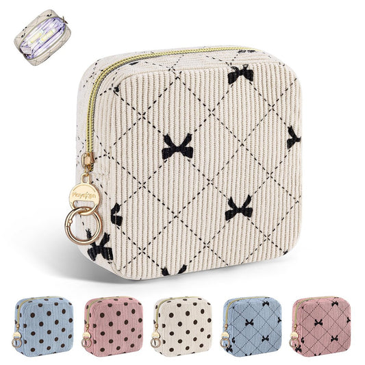 Playexen Period Bag für Mädchen – Kordbezogene Aufbewahrungstasche für Damenbinden, Menstruationszubehör (Beige, Schleife)