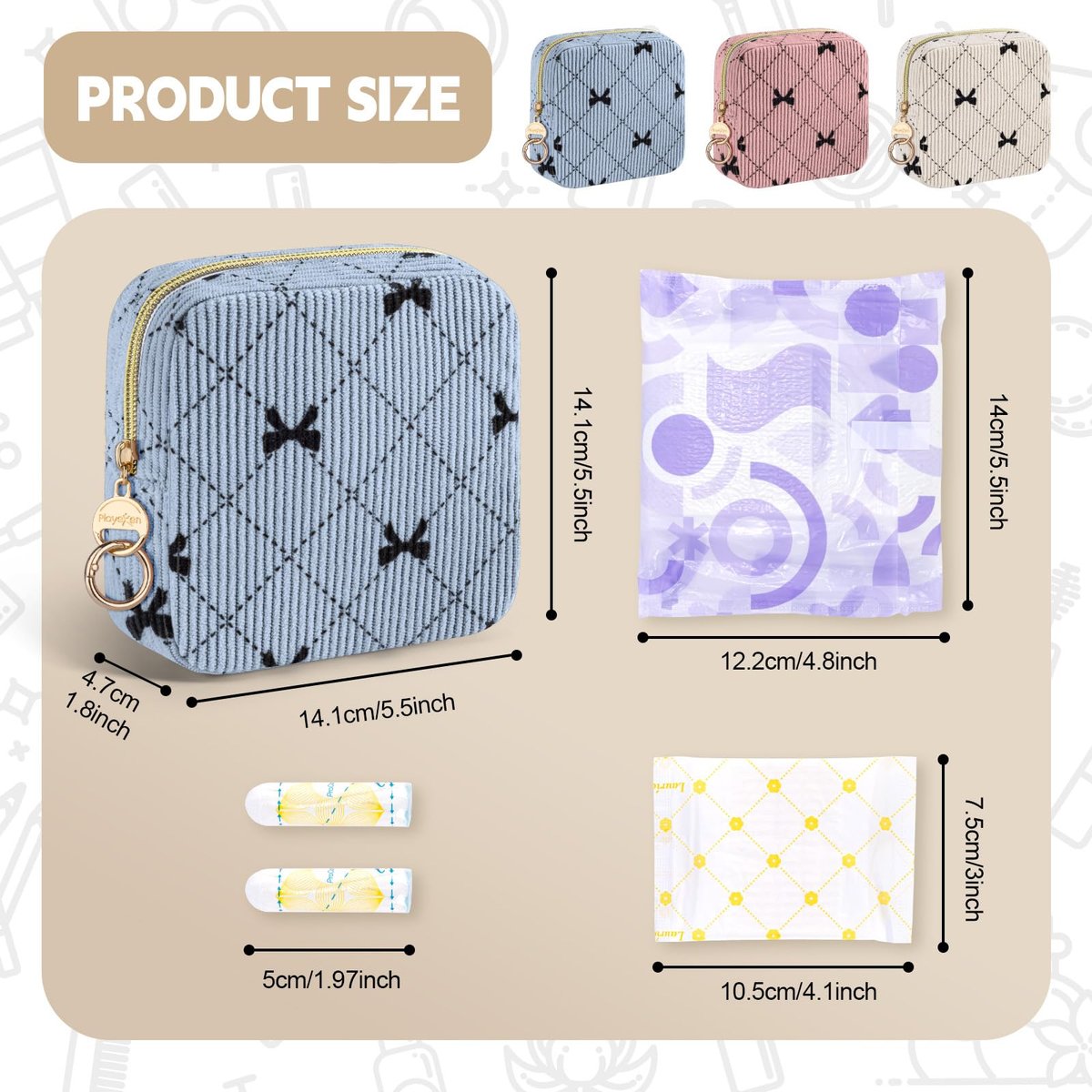 Playexen Period Bag für Mädchen – Kordbezogene Aufbewahrungstasche für Damenbinden, Menstruationszubehör (Beige, Schleife)