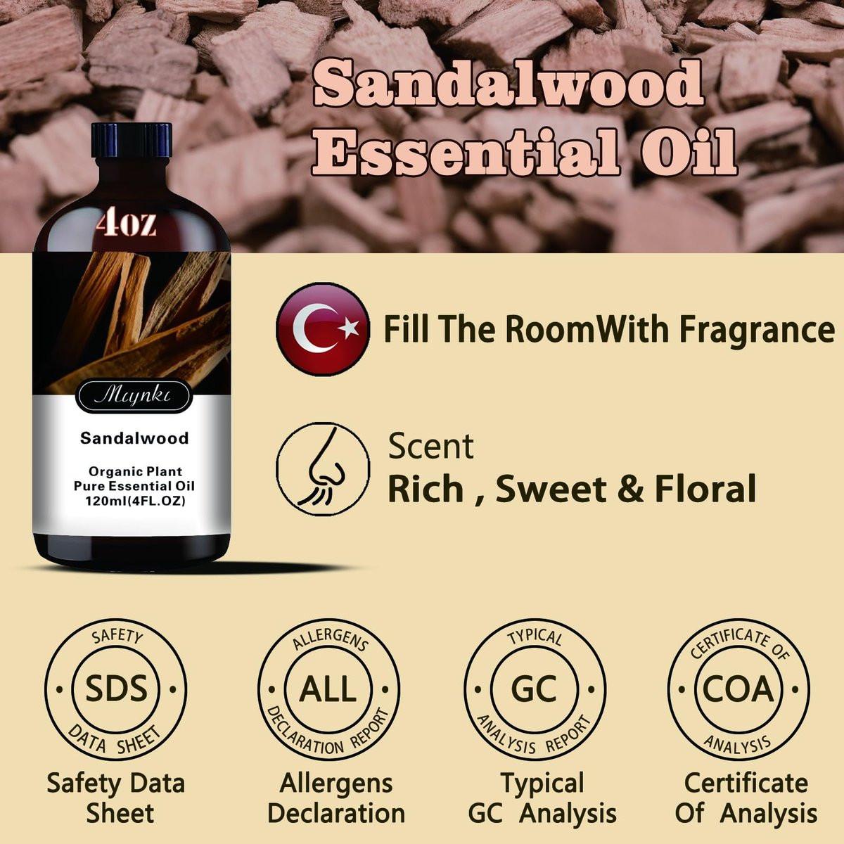 Sandelholz Ätherisches Öl – Sandelholz Duftöl für Meditation, Yoga, Diffuser, Massage, Hautpflege, DIY Seife, Kerze, Geschenk – MLYNKL (130 ml / 4,33 fl oz)