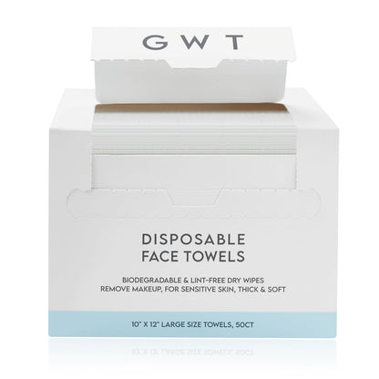 GWT Einweg-Gesichtstücher für empfindliche Haut - 50 Stück biologisch abbaubare, fusselfreie Trockentücher - 10x12 große, dicke, weiche Gesichtstücher für Make-up-Entferner, zu Akne neigende Haut, Reisen - Einweg-Baumwolle