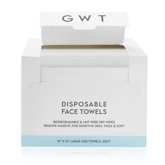 GWT Einweg-Gesichtstücher für empfindliche Haut - 50 Stück biologisch abbaubare, fusselfreie Trockentücher - 10x12 große, dicke, weiche Gesichtstücher für Make-up-Entferner, zu Akne neigende Haut, Reisen - Einweg-Baumwolle