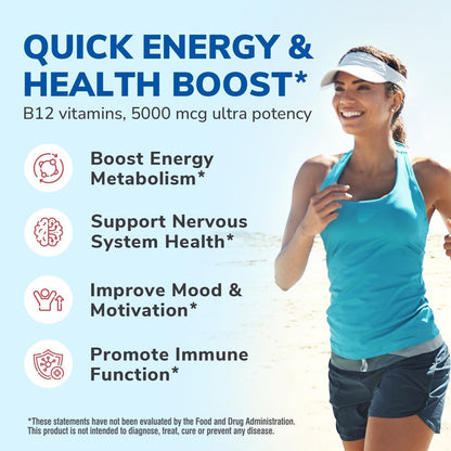 Vitalibre Vitamin B12 Sublingual 5000 mcg, Methylcobalamin, Bioaktive Form, Hohe Absorption, Vegan, Nerven, Energie, Immunsystem, Stimmungsunterstützung, Natürlicher Pfirsichgeschmack, 90 schnell lösliche Minitabletten, Ohne Zucker
