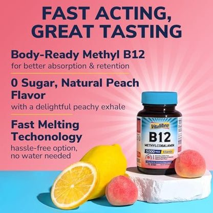 Vitalibre Vitamin B12 Sublingual 5000 mcg, Methylcobalamin, Bioaktive Form, Hohe Absorption, Vegan, Nerven, Energie, Immunsystem, Stimmungsunterstützung, Natürlicher Pfirsichgeschmack, 90 schnell lösliche Minitabletten, Ohne Zucker