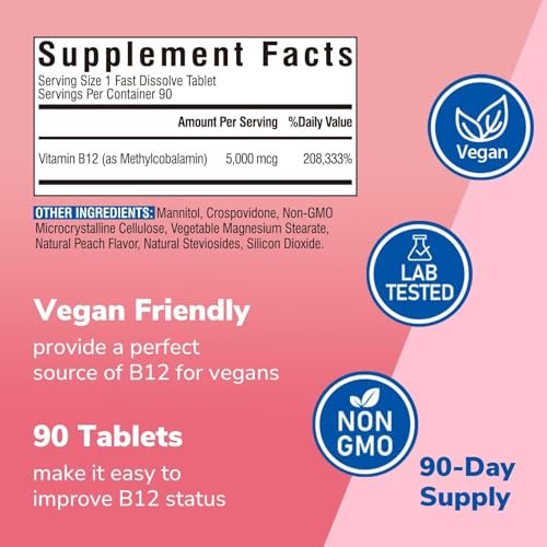 Vitalibre Vitamin B12 Sublingual 5000 mcg, Methylcobalamin, Bioaktive Form, Hohe Absorption, Vegan, Nerven, Energie, Immunsystem, Stimmungsunterstützung, Natürlicher Pfirsichgeschmack, 90 schnell lösliche Minitabletten, Ohne Zucker