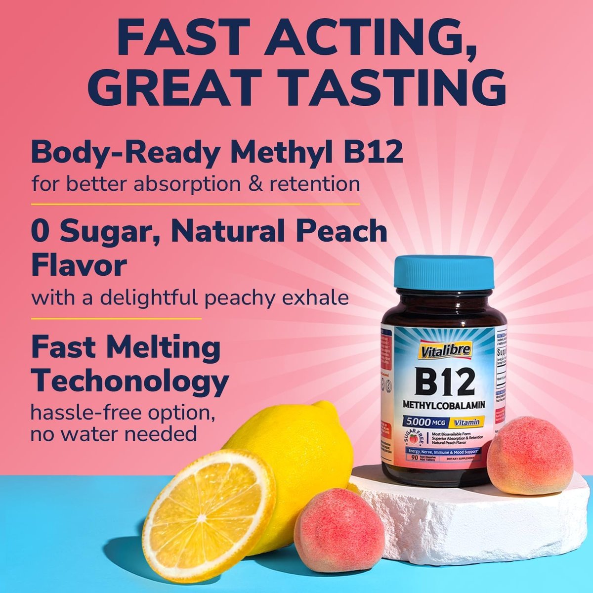 Vitalibre Vitamin B12 Sublingual 5000 mcg, Methylcobalamin, Bioaktive Form, Hohe Absorption, Vegan, Nerven, Energie, Immunsystem, Stimmungsunterstützung, Natürlicher Pfirsichgeschmack, 90 schnell lösliche Minitabletten, Ohne Zucker