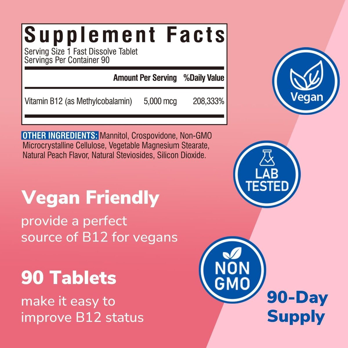 Vitalibre Vitamin B12 Sublingual 5000 mcg, Methylcobalamin, Bioaktive Form, Hohe Absorption, Vegan, Nerven, Energie, Immunsystem, Stimmungsunterstützung, Natürlicher Pfirsichgeschmack, 90 schnell lösliche Minitabletten, Ohne Zucker