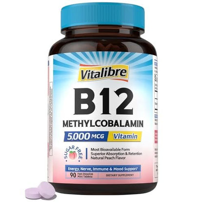 Vitalibre Vitamin B12 Sublingual 5000 mcg, Methylcobalamin, Bioaktive Form, Hohe Absorption, Vegan, Nerven, Energie, Immunsystem, Stimmungsunterstützung, Natürlicher Pfirsichgeschmack, 90 schnell lösliche Minitabletten, Ohne Zucker