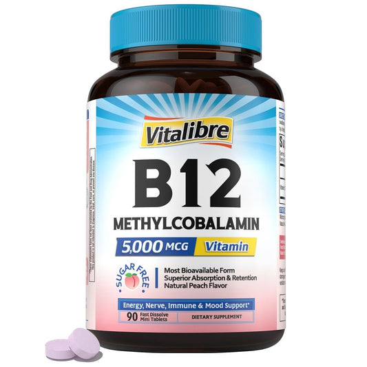 Vitalibre Vitamin B12 Sublingual 5000 mcg, Methylcobalamin, Bioaktive Form, Hohe Absorption, Vegan, Nerven, Energie, Immunsystem, Stimmungsunterstützung, Natürlicher Pfirsichgeschmack, 90 schnell lösliche Minitabletten, Ohne Zucker