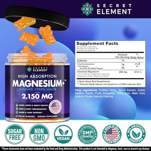 Secret Element Magnesium Glycinat 2150 mg Gummis für Frauen und Männer – Hochdosiertes Magnesium mit Glycinat, Citrat und Malat – Zuckerfrei, Vegan, 60 Orangen-Gummis für besseren Schlaf und Entspannung