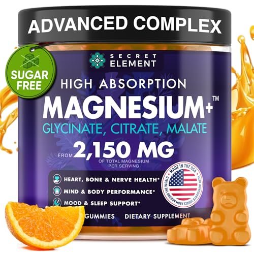 Secret Element Magnesium Glycinat 2150 mg Gummis für Frauen und Männer – Hochdosiertes Magnesium mit Glycinat, Citrat und Malat – Zuckerfrei, Vegan, 60 Orangen-Gummis für besseren Schlaf und Entspannung