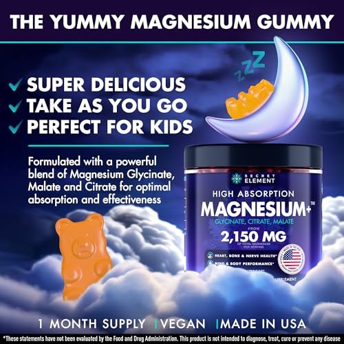 Secret Element Magnesium Glycinat 2150 mg Gummis für Frauen und Männer – Hochdosiertes Magnesium mit Glycinat, Citrat und Malat – Zuckerfrei, Vegan, 60 Orangen-Gummis für besseren Schlaf und Entspannung