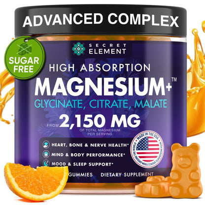 Secret Element Magnesium Glycinat 2150 mg Gummis für Frauen und Männer – Hochdosiertes Magnesium mit Glycinat, Citrat und Malat – Zuckerfrei, Vegan, 60 Orangen-Gummis für besseren Schlaf und Entspannung