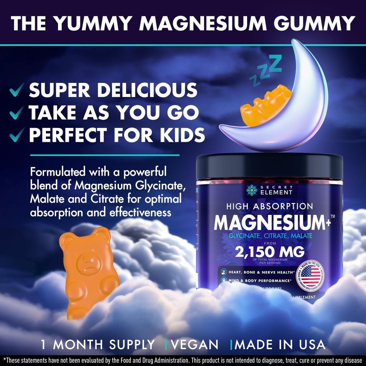 Secret Element Magnesium Glycinat 2150 mg Gummis für Frauen und Männer – Hochdosiertes Magnesium mit Glycinat, Citrat und Malat – Zuckerfrei, Vegan, 60 Orangen-Gummis für besseren Schlaf und Entspannung