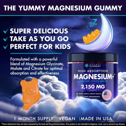 Secret Element Magnesium Glycinat 2150 mg Gummis für Frauen und Männer – Hochdosiertes Magnesium mit Glycinat, Citrat und Malat – Zuckerfrei, Vegan, 60 Orangen-Gummis für besseren Schlaf und Entspannung
