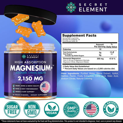 Secret Element Magnesium Glycinat 2150 mg Gummis für Frauen und Männer – Hochdosiertes Magnesium mit Glycinat, Citrat und Malat – Zuckerfrei, Vegan, 60 Orangen-Gummis für besseren Schlaf und Entspannung