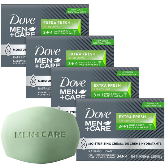 Dove Men+Care Seife, Extra Frischer Duft, 4er-Pack – Feuchtigkeitsspendender 3-in-1 Reiniger für Körper, Hände und Gesicht für Männer, 2,6 Oz pro Stück